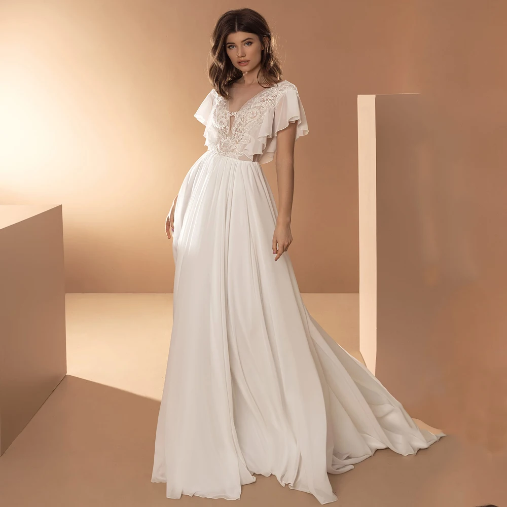A Line Chiffon Short Flutter Sleeves Wedding Dress Custom Made Drop Ship Lace Appliqued Backless V-Neck Sequins Bridal Gowns