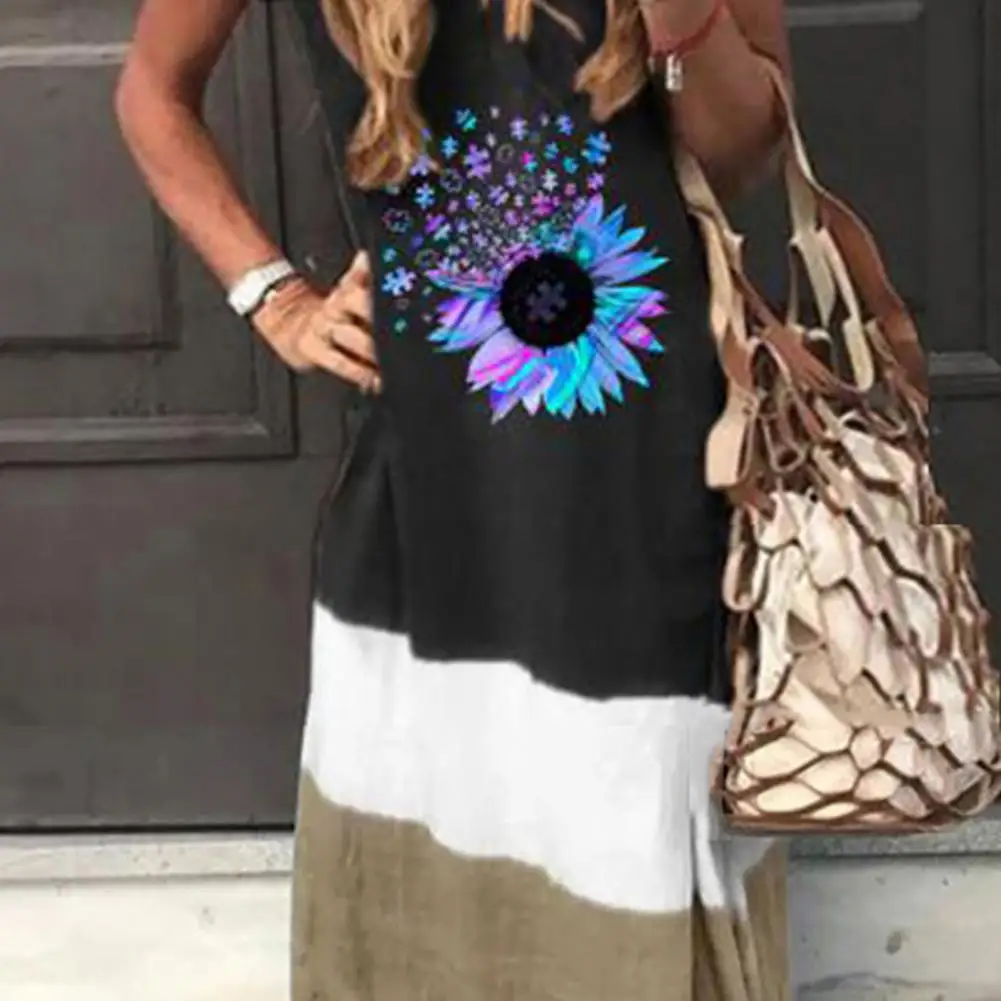 

2021 Dress Stylish Short Sleeve Maxi Dress Contrast Color Women Flower Print V Neck Sweat-absorbing Summer Dress Streetwear