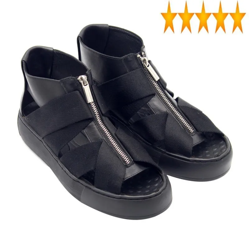 

Mens Gladiator Open Toe Designer High Top Platform Summer Hollow Out Zipper Cow Genuine Leather Sandals Boots Plus Size