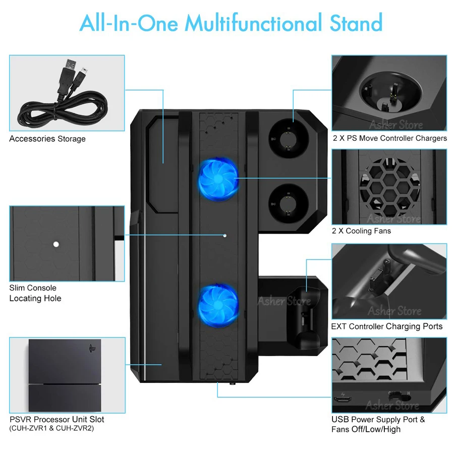 Вертикальная подставка для PS4 Pro Slim PS VR 2 охлаждающих вентилятора 3 контроллера