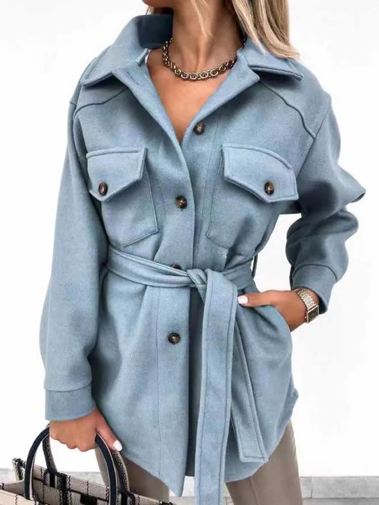 Винтажные Свободные шерстяные пальто с поясом 2021 элегантные женские осенние