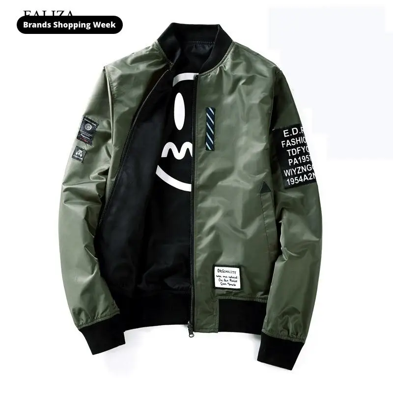 Мужская куртка пилот FALIZA тонкая армейская зеленая бомбер с нашивками