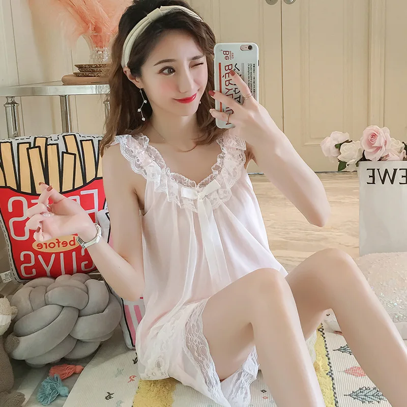 Princess Style Pajamas Women's Summer Cotton Thin Sling Sweet Lovely Lace Housewear Shorts Suit Lady Sleepwear Female Nightwear