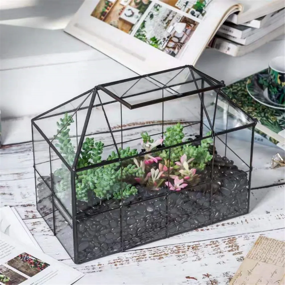 NCYP Glass Geometric Terrarium Tin-Sealed Brass Black House Shape Container with Grid and Swing Lid for Moss Succulents Cacti