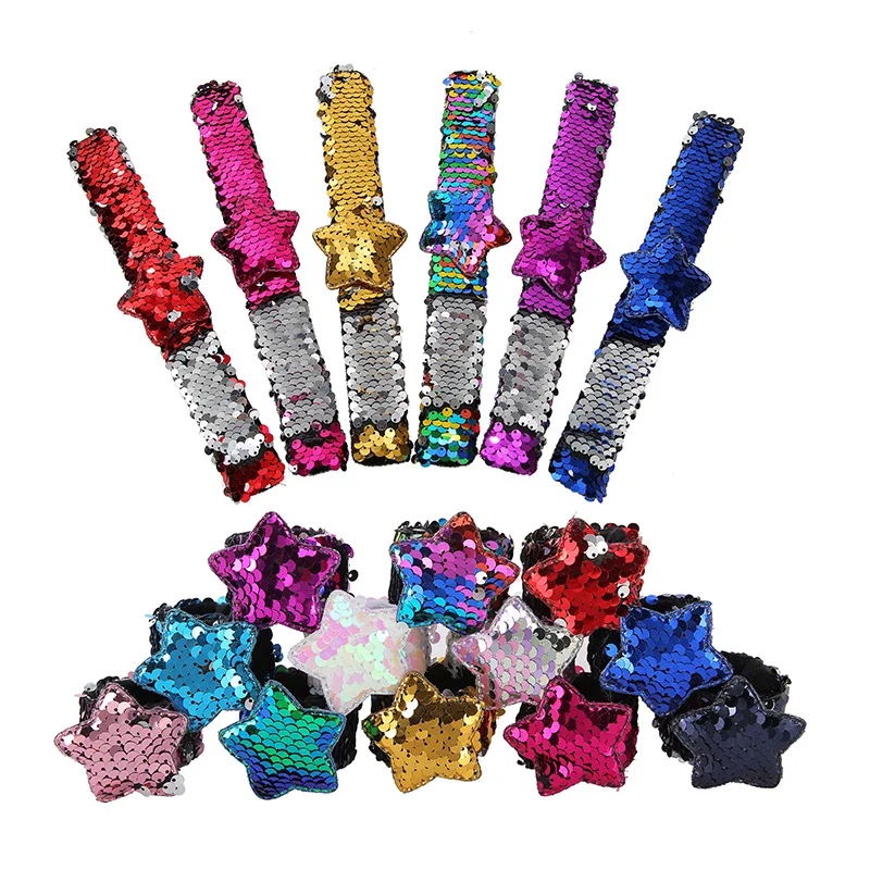 12pcs Mermaid Slap Bracelet Star Two-Color Reversible Sequin Magic Flip Wristband Party Favors for Boys Girls | Аксессуары для