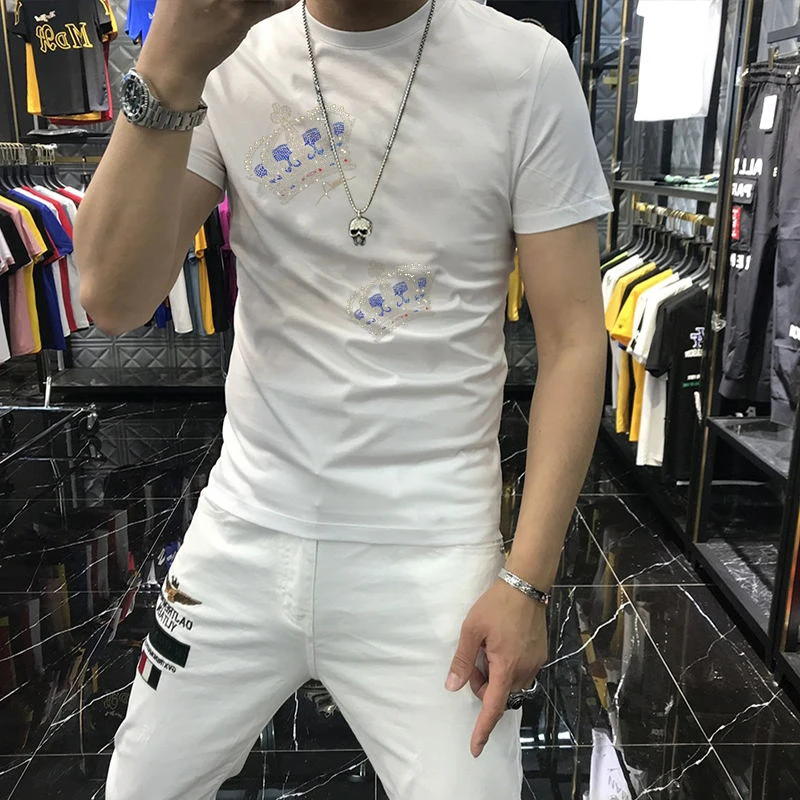 exaggerated personality hot diamond design new arrival mens t shirt brand extra large korean pure cotton breathable short sleev free global shipping