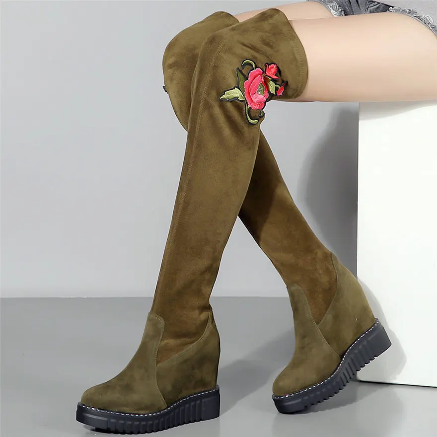 

Thigh High Fashion Sneakers Women Genuine Leather Wedges High Heel Over The Knee High Military Boots Female Stretchy Pumps Shoes