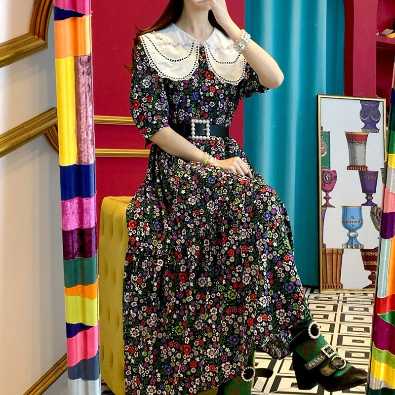 

HziriP Korean Summer Doll Collar Hollow Design Floral Ladies Dress 2021 Fashion All-Match Casual Loose Slim Short-Sleeved Dress