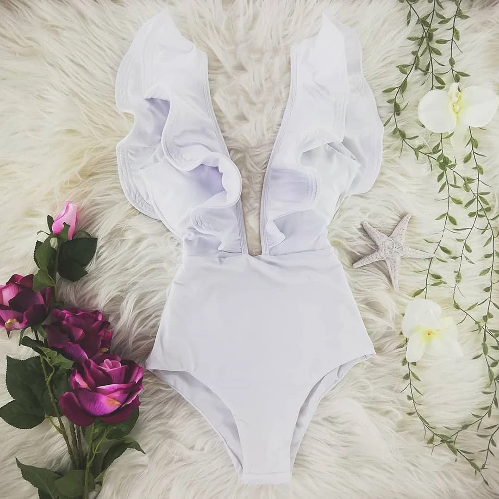 

One Piece Swimsuit 2021 Print Plus Size Swimwear Women V-Neck Belt Monokini Sexy Ruffle Bathing Suits Push Up String Beach Wear