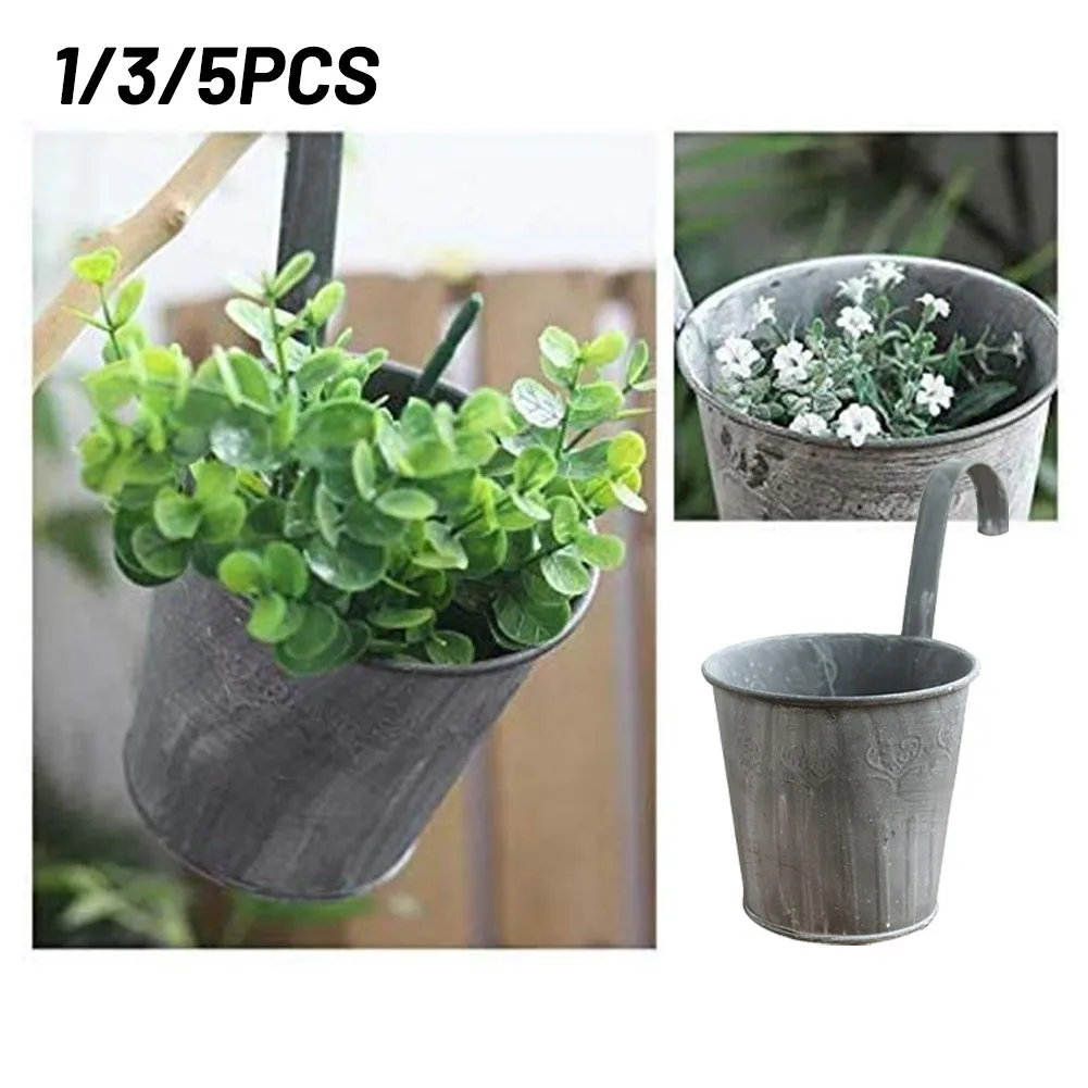 

1/3/5pcs Flower Pot Metal Iron Planter Pot With Hook Hanging Home Balcony Garden Fence Countyard Plant Decoration