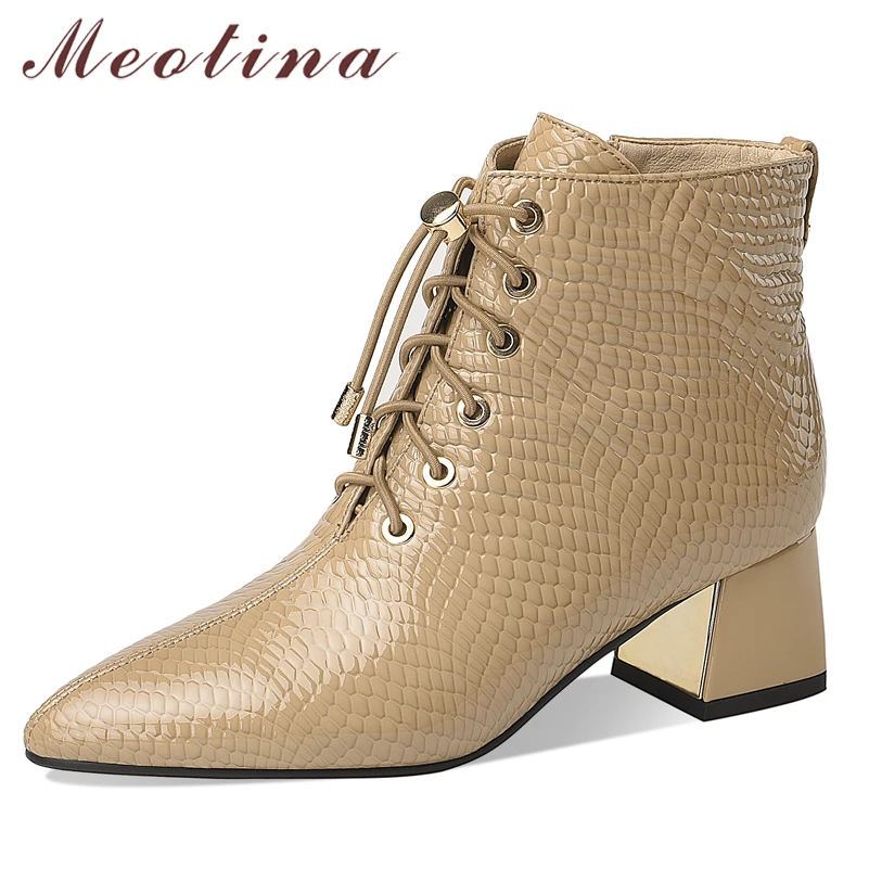 

Meotina Genuine Leather Ankle Boots Women Shoes Thick High Heel Boots Pointed Toe Zipper Ladies Short Boots Autumn Winter 33-42