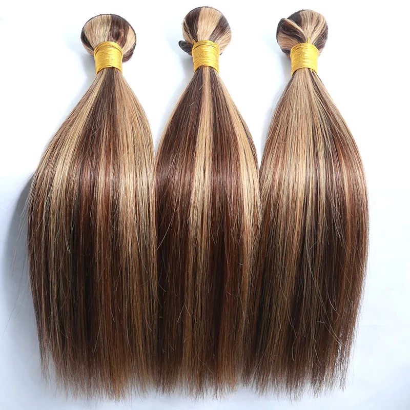 Natural Brazilian Hair Weave Ponytail Hair Extensions Real Human Hair 3 Bundles Straight P4/27 Remy Hair With Closure Weft Weave