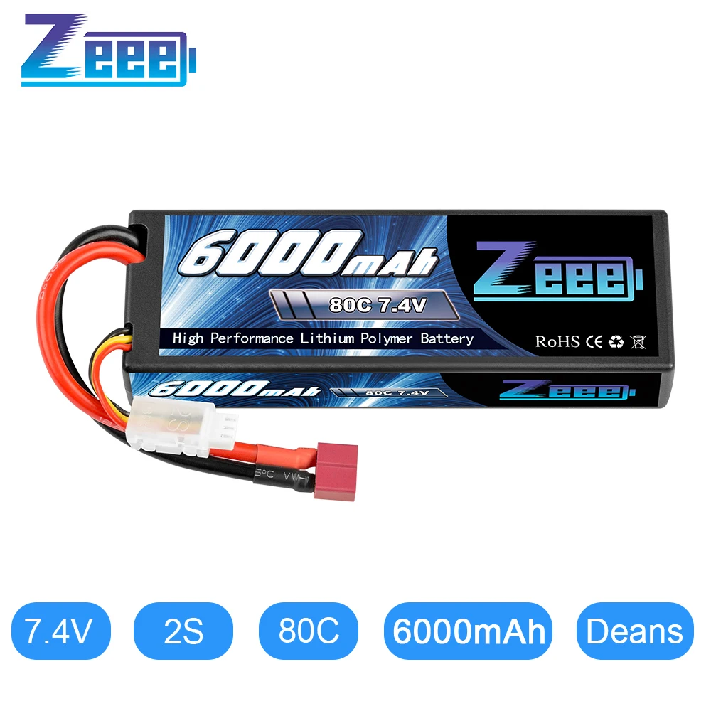 Zeee 2S 6000mAh 7.4V 80C Lipo Battery for RC Parts Hardcase with Deans Plug for RC Car Vehicle Truck Tank Losi Slash Truggy