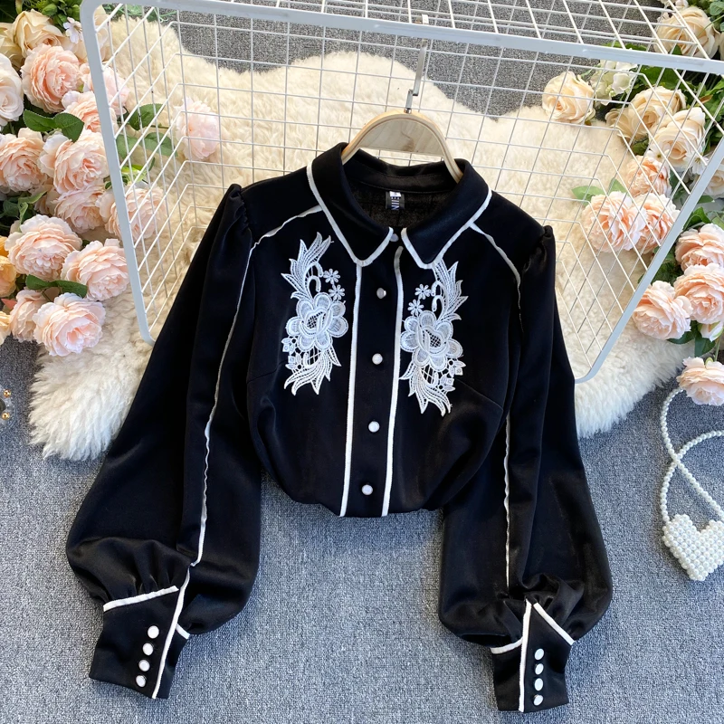 

New Office Lady Lantern Sleeve Elegant Blouses Shirt Women White Black Patchwork Button Vintage Turn Down Collar Flower Shirts