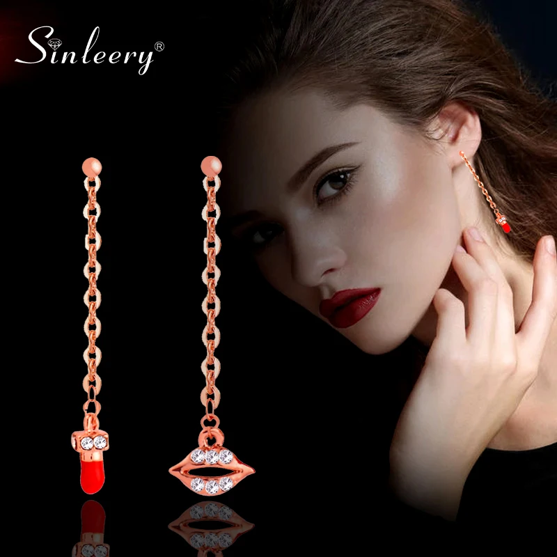 SINLEERY асимметричная Сексуальная губная помада с фианитом длинные серьги-капли