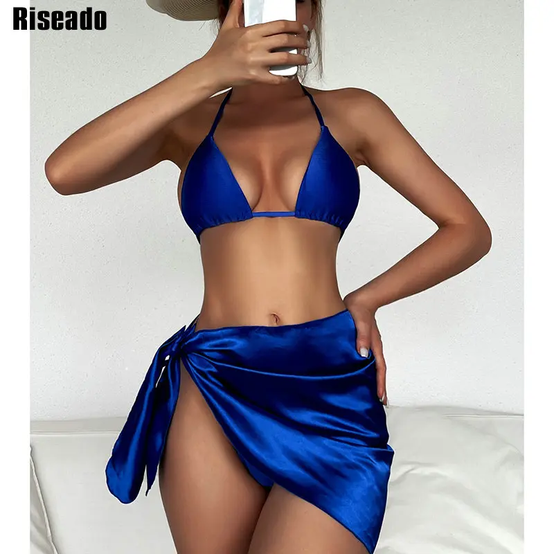 

Riseado однотонный 3 шт бикини сексуальный недоуздок женский купальник узелковая юбка Пляжная накидка бразильские бикини стринги элегантные л...