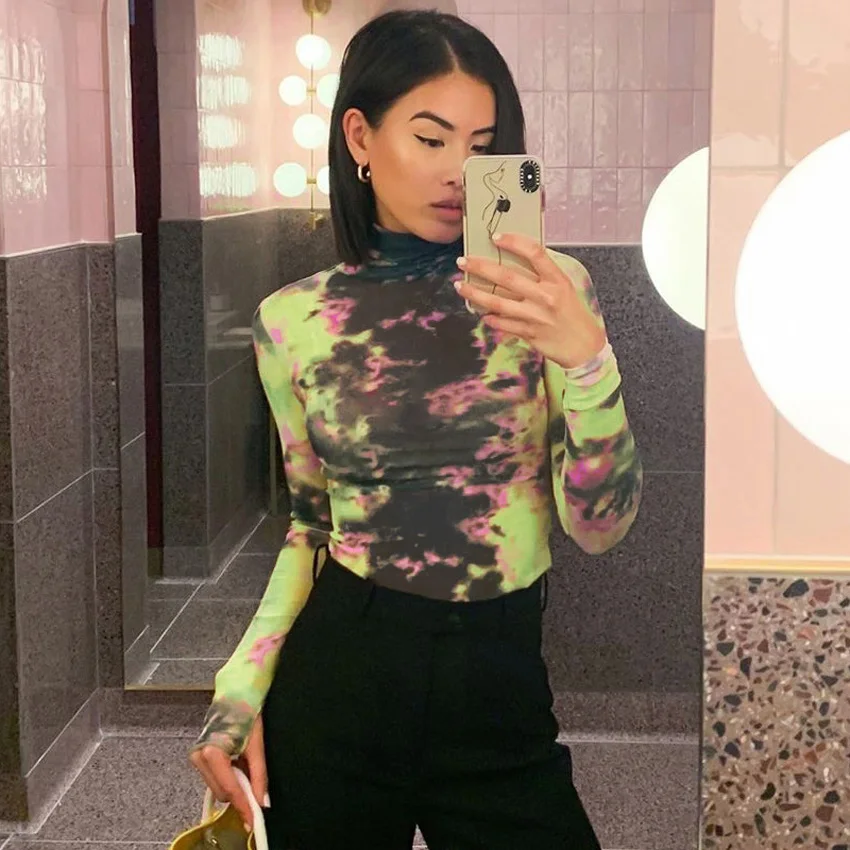

Sexy Navel Short Y2K T-Shirt Long Sleeve Turtleneck Color Tie-Dye Streetwear Tops 2021 Autumn New Women Fashion Clothing