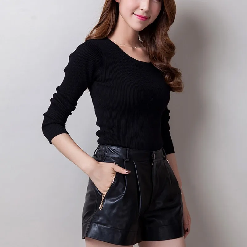 

Quality Elegant Ladies Genuine Leather High Waist Shorts Female Zipper Black Party Punk Wide Leg Trousers Plus Size M-3XL