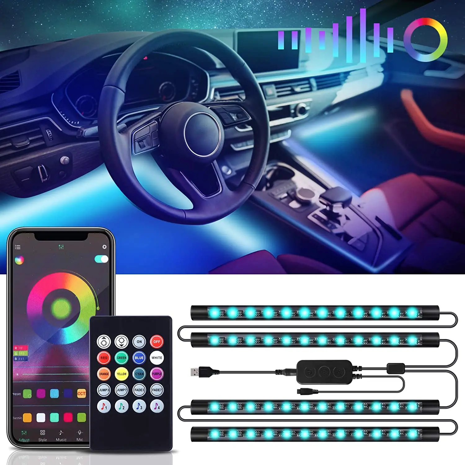 

4 in 1 LED Car Interior Decoration Light Strip Bluetooth APP Control RGB Car Atmosphere Ambient Lamp Light USB Charge Waterproof