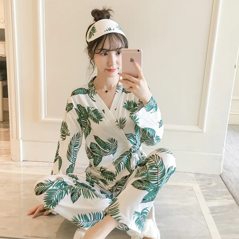 

Spring And Autumn Kimono Pajamas Yukata Women's Sleepwear Long-sleeved Trousers Milk Silk Loose Flamingo Home Service Suit