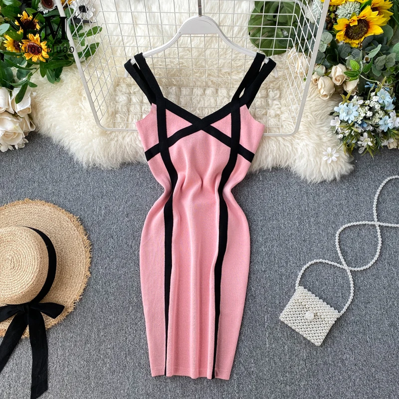 

YuooMuoo Ins Fashion Bodycon Dress Summer Sleeveless Knit Spaghetti Strap Dress Women Streetwear Hot Mini Dress Vestidos