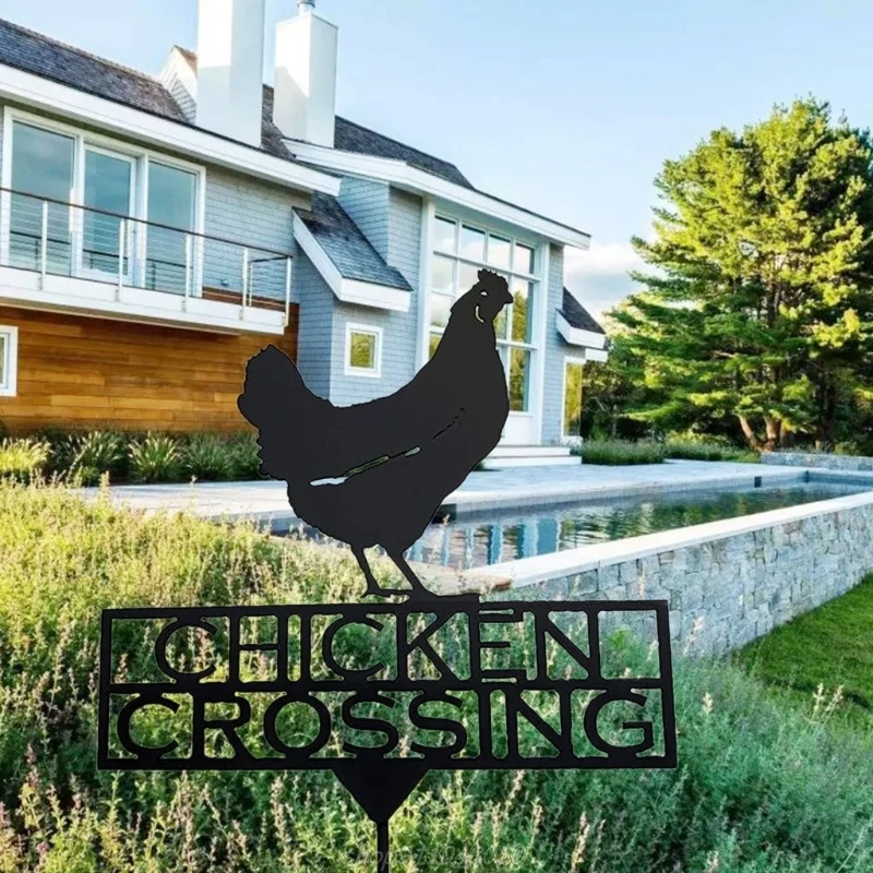 

2D Metal Chicken Crossing Yard Sign Decoration with Letters Hollow Animal Silhouette Art Stake for Garden Decor J01 21 Dropship