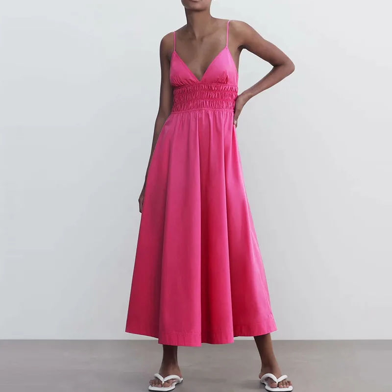 

Dress Za Summer New Fashion Simple V-neck Rose Red Sling Women Dress 2021 Casual Chic Street Youth Sweet Beauty Dress Women