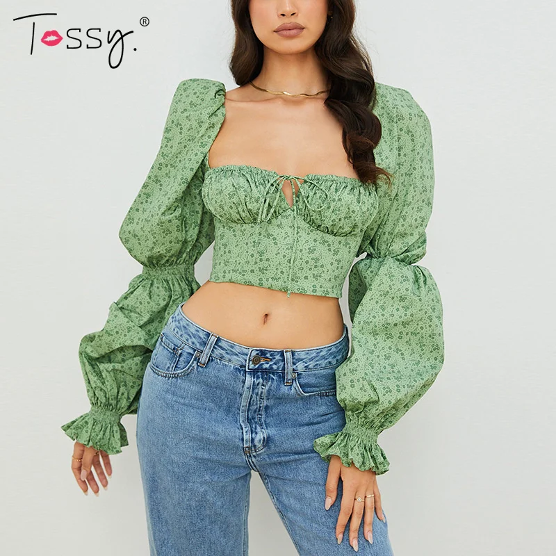 

Tossy Floral Print Pleated Flare Long Sleeve Top Backless Sexy Slim Summer Women T-shirt Causual Streetwear Y2K New 2021