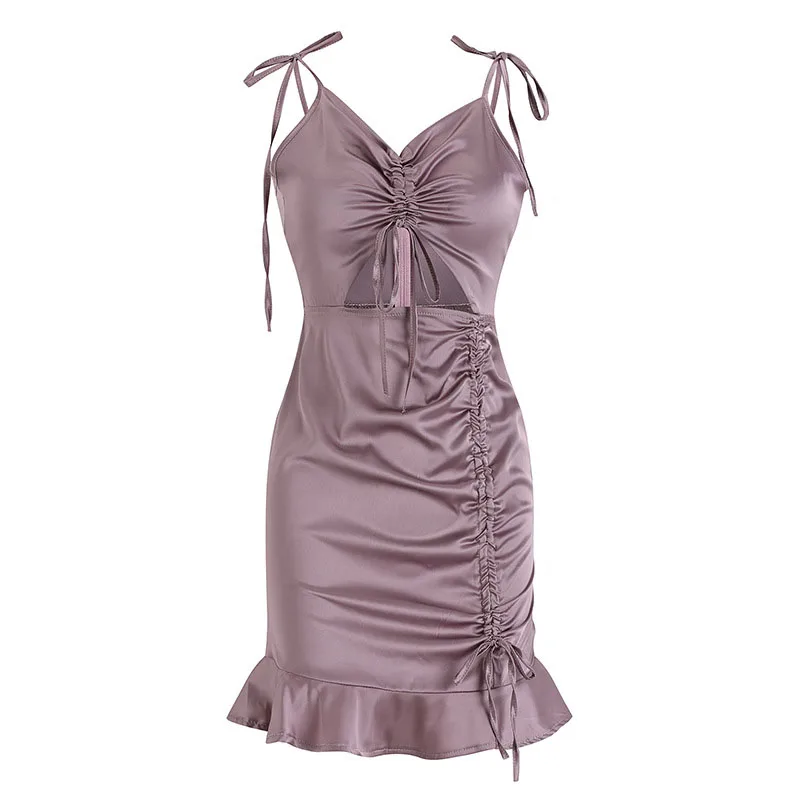 

2021 Summer Sexy V-Neck Waistless Drawstring Ruffled Slim Fit Jumper Luxury Satin Suspender Dress