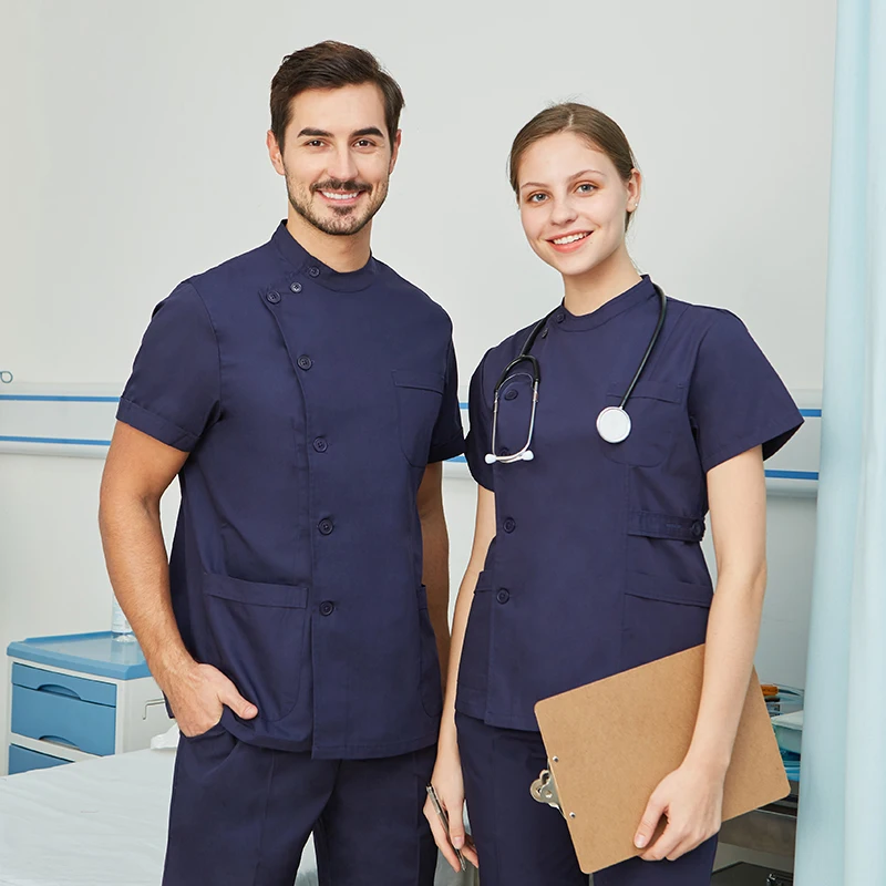 Uniformes de enfermería para mujeres y hombres, conjunto de Top y pantalón blanco, azul marino, Popelina, tela fina, ropa de trabajo