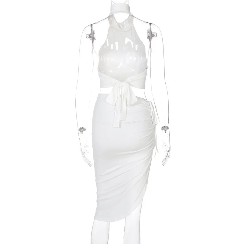 

Fashioncyes Halter Sexy Party Two Pieces Dress for Women Backless Strapless Bodycon Dresses Club Ruched Dress Women Summer 2021