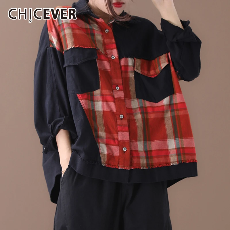 CHICEVER/винтажная клетчатая хит цвета женская рубашка воротник с лацканами длинный