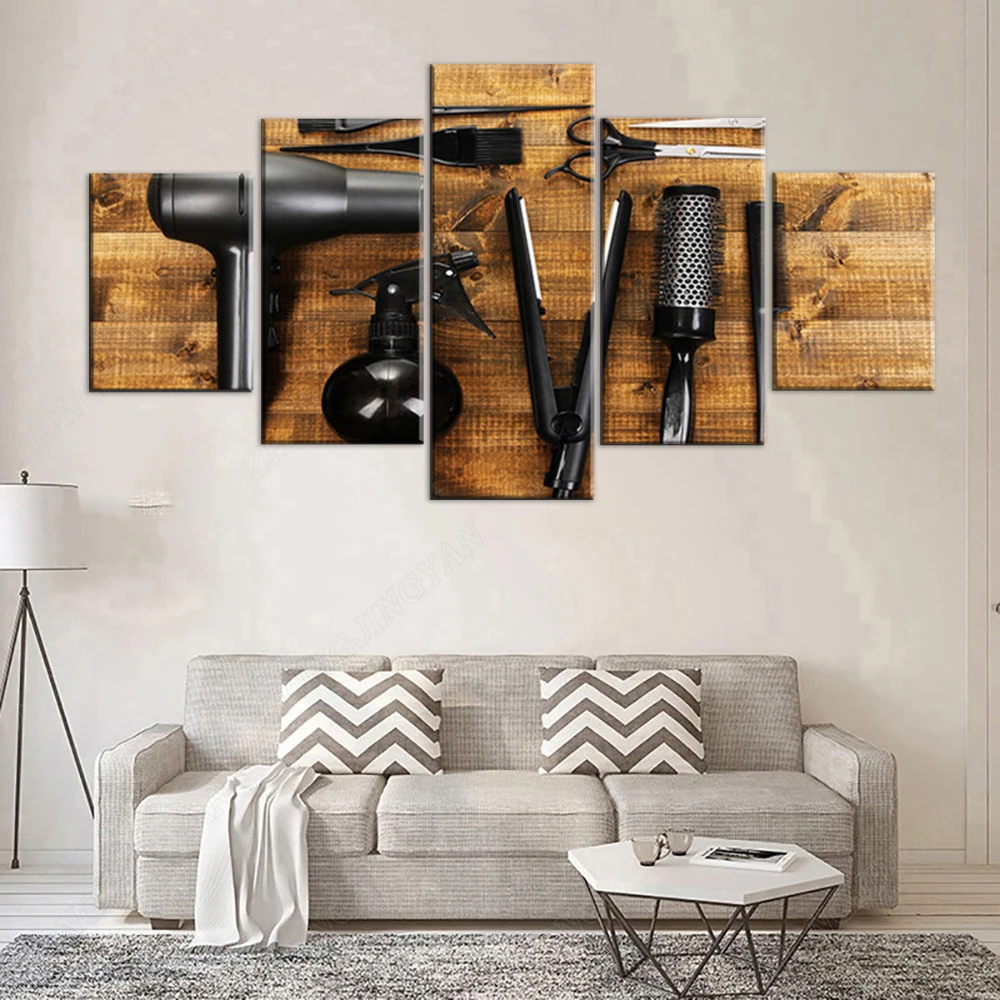 

Modern Hairdresser Barber Tools beauty salon Patterned 5 Panels Canvas Poster Pictures Hair Shop Decor Wall Art Hanging Painting
