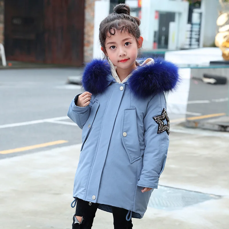 Зимняя куртка-пуховик для девочек парка с настоящим мехом капюшоном российское