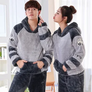 2021 зимние пары с длинным рукавом с капюшоном толстые теплые фланелевые пижамные комплекты для женщин милые Мультяшные коралловые бархатные пижамы Мужская домашняя одежда