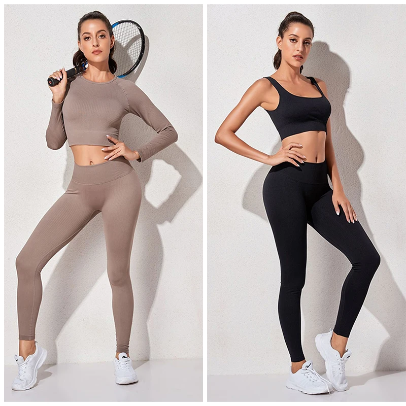 

Gym Woman Tracksuit Yoga Set Sports Workout Clothing Padded Push Up Sport Bra Female Long Sleeve Tops Running Athletic Clothes