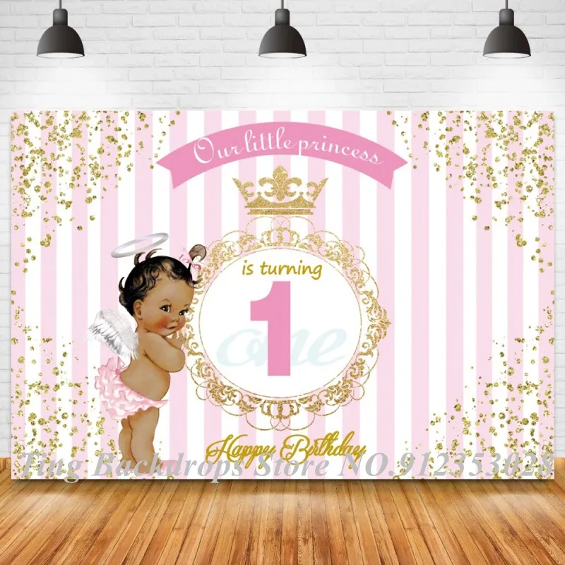 

Our Little Princess Angel Newborn Baby Turn One Photo Background Gold Glitter Striped 1st Birthday Kids Photography Backdrop