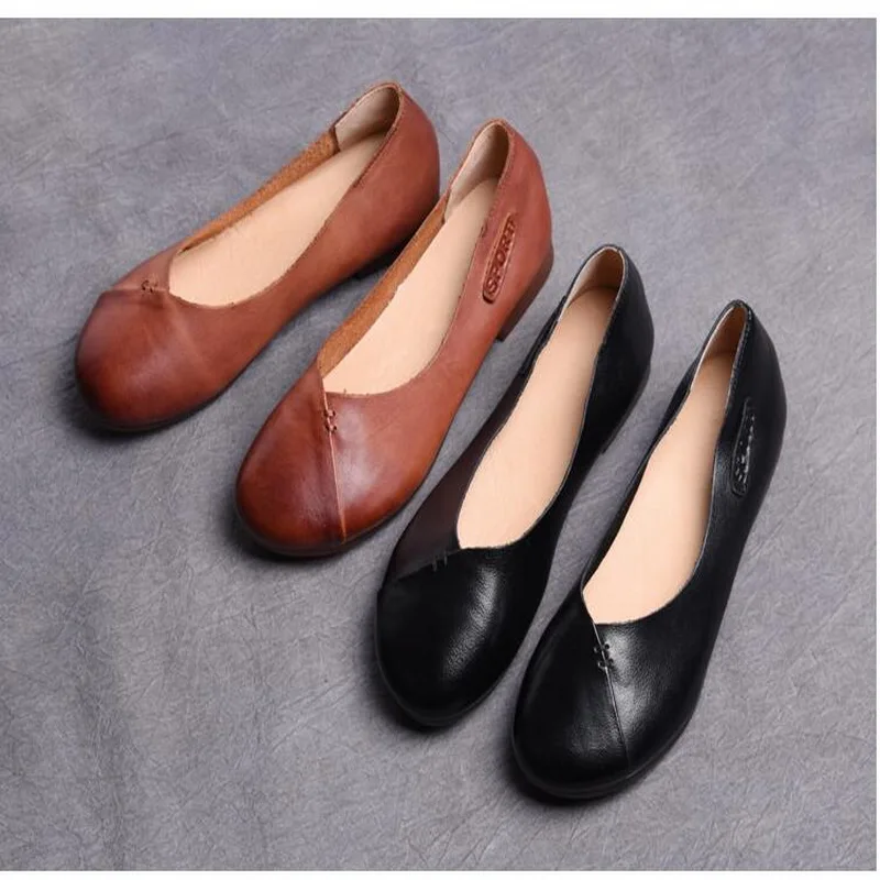 2021 New Genuine Leather Ballet Flats literary Retro Women Singles Shoes Woman Flat Heel Soft Sole Mother Shoes Lady Loafers Sho