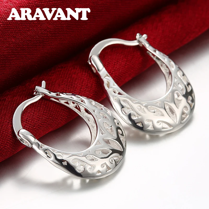 

925 Silver Hollow Flowers Hoop Earring For Women Wedding Charm Jewelry