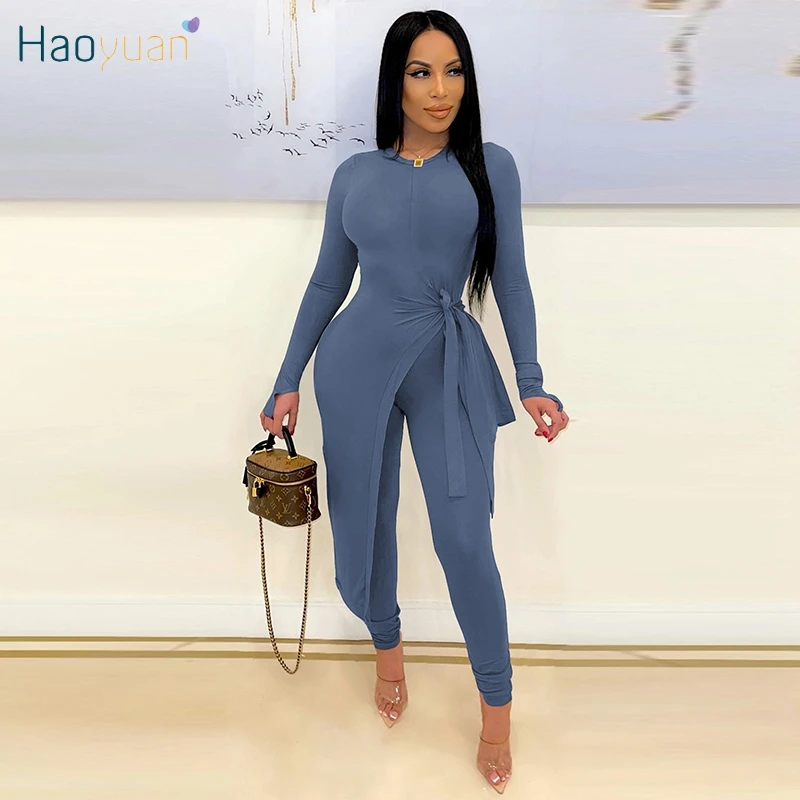 

Сексуальный женский комплект HAOYUAN из двух предметов с длинным рукавом, бандажные Длинные Топы, штаны для фитнеса, женская зимняя одежда, Клубные подходящие наряды