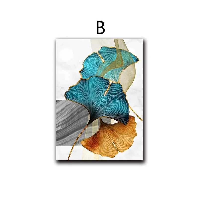 Синие зеленые желтые золотые листья растения холст живопись скандинавские