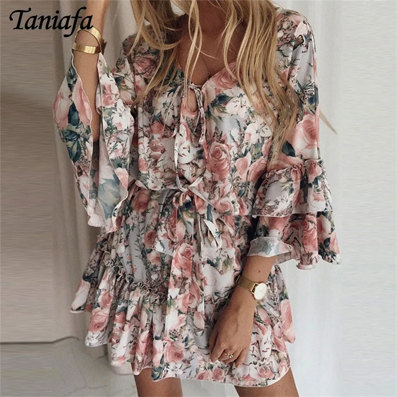 

Chiffon Pullover Women Dress Fashion Long Sleeve Flare Sleeve Waist Dress Autumn V Neck Lace Up Midi Dress