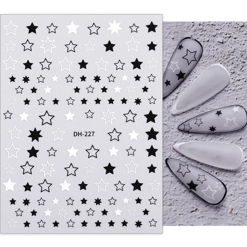 

1 Sheet Black White Star 3D Nail Art Stickers Heart Love Letter Image Transfer Stickers for Nail Self-adhensive Slider Foils