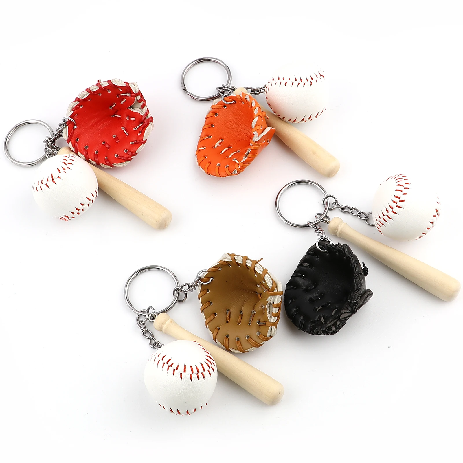 Colorful Mini Baseball Glove Wooden Ball and Bat Keyring 1