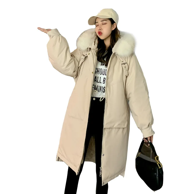 

(TopFurMall)European Women Parkas Down Coats Jackets Raccoon Fur Hoody Slim Waist Lady Long Outwear Overcoat LF9165