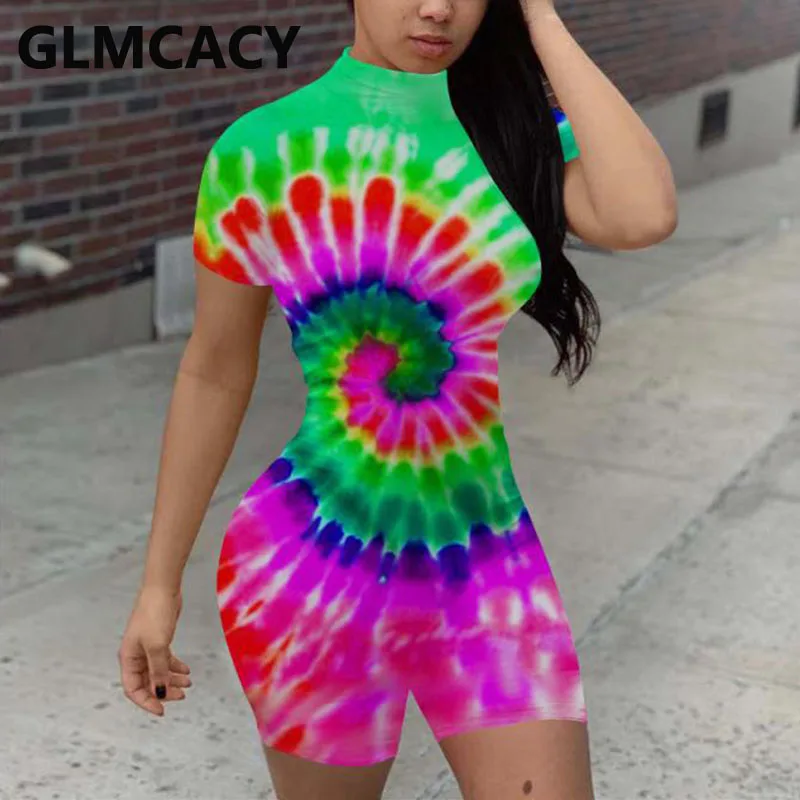 

Women Abstract Tie Dye Printed Short Sleeve Rompers Short Skinny Playsuits