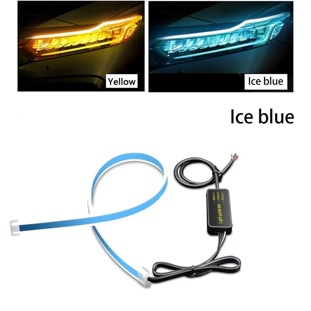 Ice blue-Yellow 2X ультратонкая Автомобильная DRL светодиодная лента, дневной ходовой светильник, автомобильная Поворотная сигнальная направляющая лента, головной светильник в сборе, DRL полоса - Цвет: Ice blue-Yellow