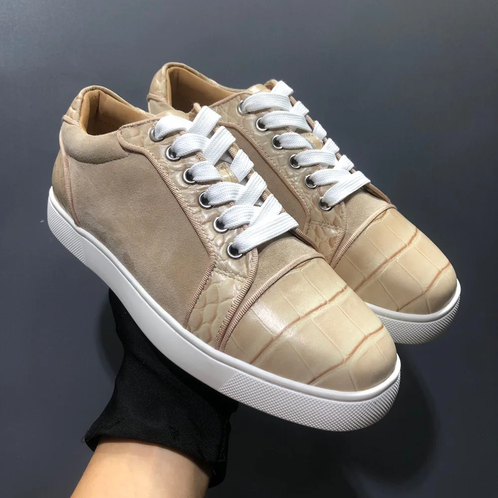 

21 Fashion Spring And Summer Beige Low Top Lace Up Snake Grain Leather Men And Women Casual Shoes Red Bottom Shoes European