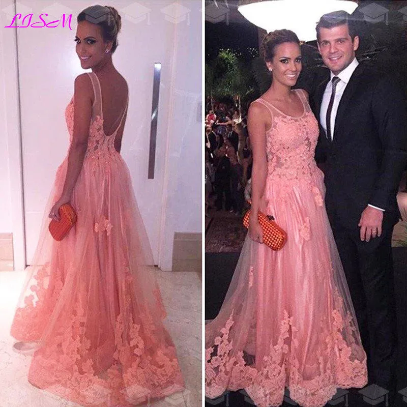Купи Lace Appliques Tulle Backless Evening Dresses Scoop Illusion Formal Evening Gowns Long Pink Prom Dress Party Gowns за 5,386 рублей в магазине AliExpress