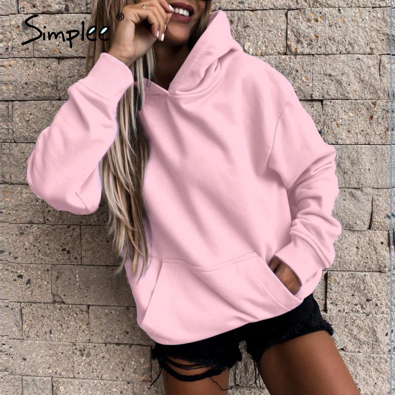 Simplee Pink Hoodie Sweatshirt women Long sleeve casual Kpop clothes Female hoodie autumn winter Pullover Fashion sweatshirt New | Женская